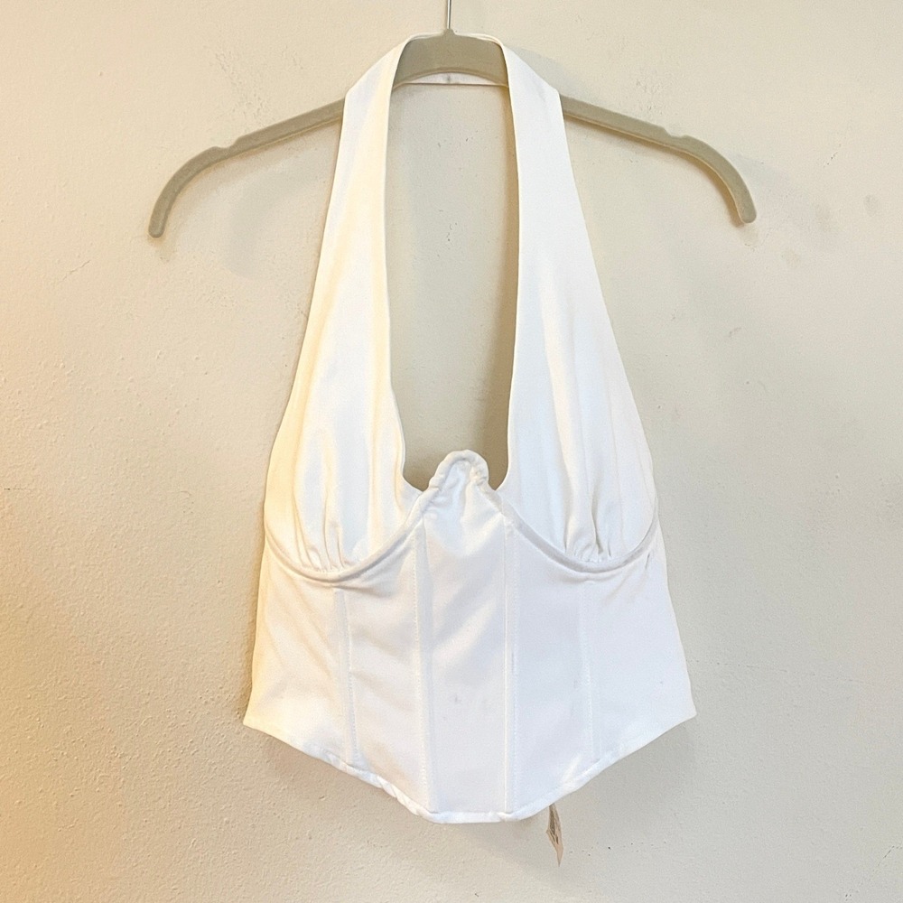 plunge cleavage Y2K Forever 21 Womens White Woven Halter Bustier Corset Top M